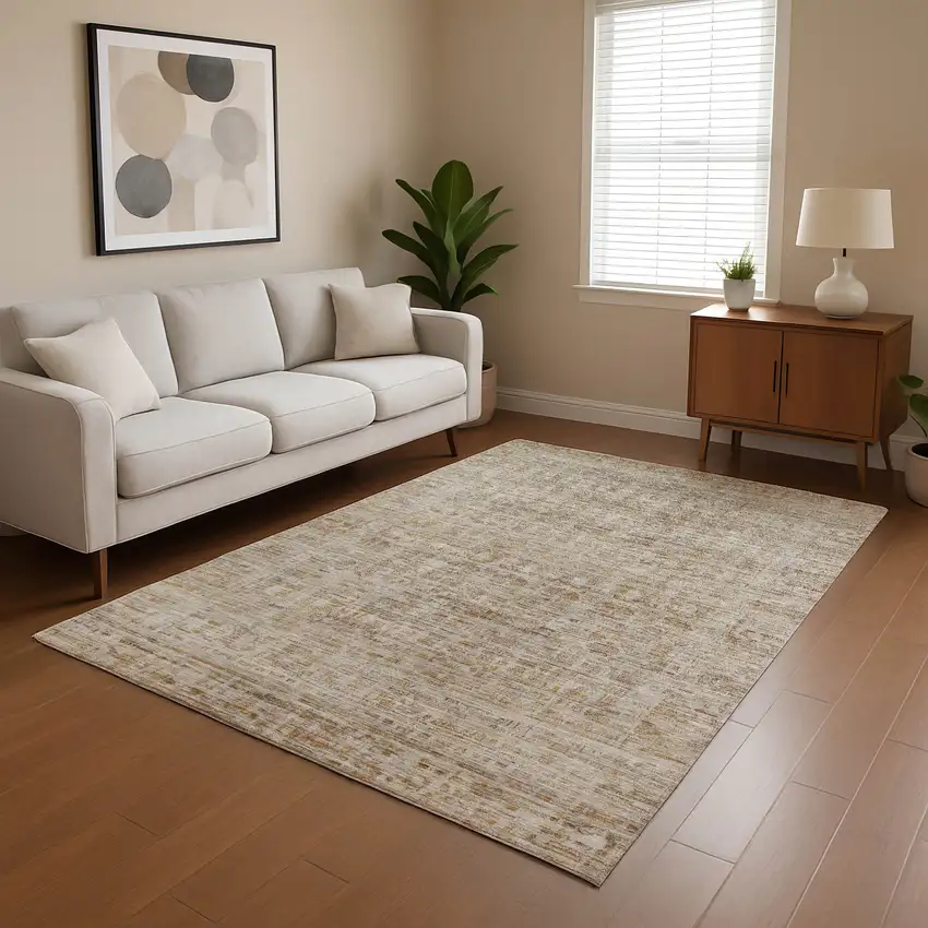 Taupe And Beige Oriental Washable Area Rug With UV Protection Photo 4