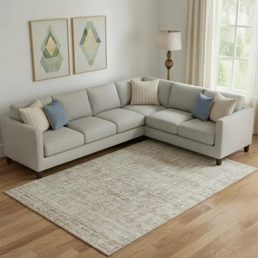 Taupe And Beige Oriental Washable Area Rug With UV Protection Photo 2