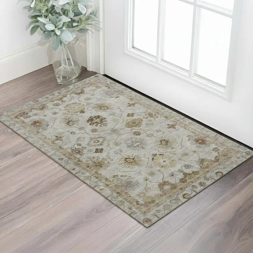 Taupe And Beige Oriental Washable Area Rug With UV Protection Photo 2