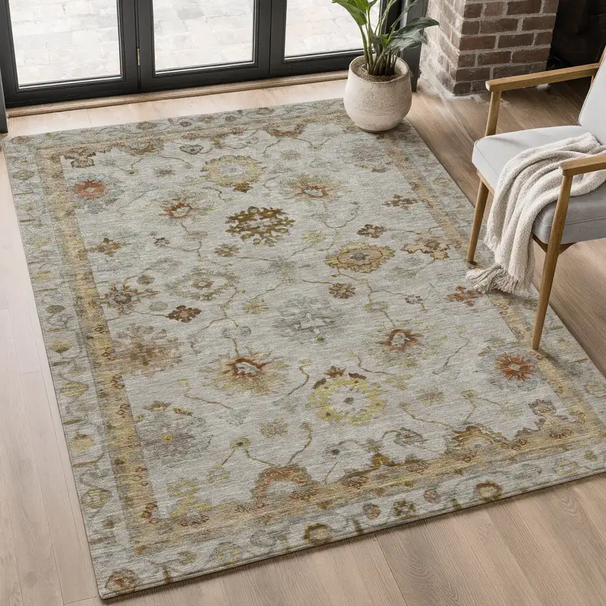 Taupe And Beige Oriental Washable Area Rug With UV Protection Photo 5