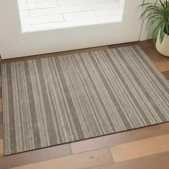 Taupe And Beige Striped Washable Area Rug With UV Protection Photo 1