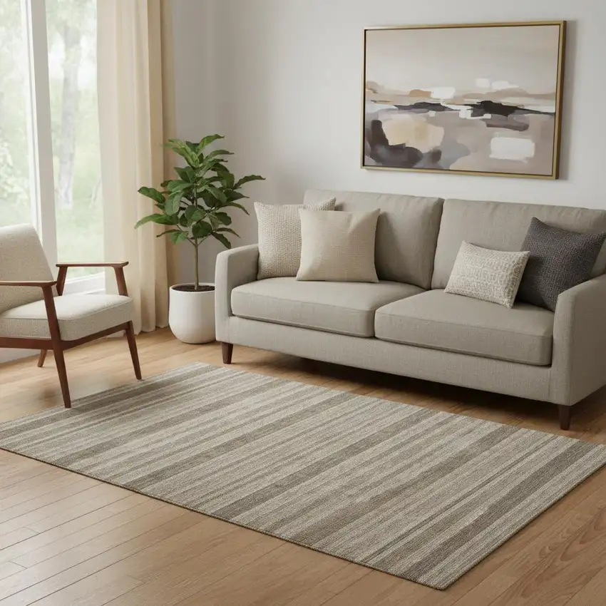 Taupe And Beige Striped Washable Area Rug With UV Protection Photo 1