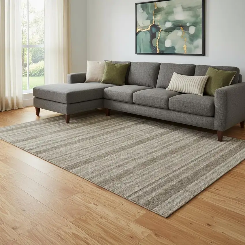 Taupe And Beige Striped Washable Area Rug With UV Protection Photo 1