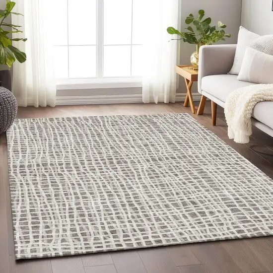 Taupe And Beige Striped Washable Area Rug With UV Protection Photo 5