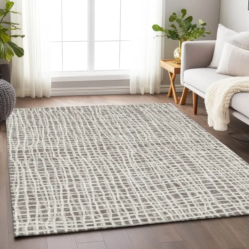 Taupe And Beige Striped Washable Area Rug With UV Protection Photo 5