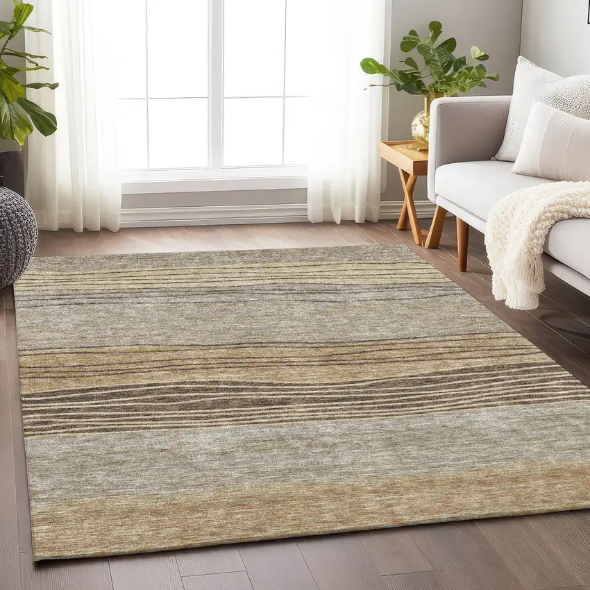 Taupe And Beige Striped Washable Area Rug With UV Protection Photo 4