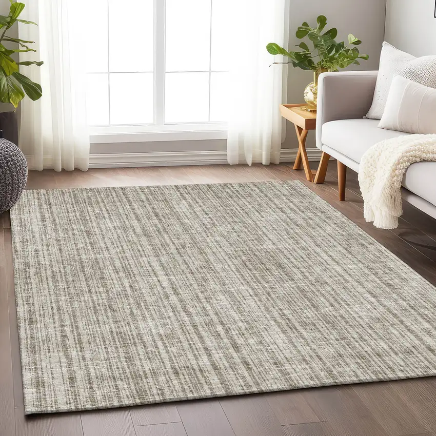 Taupe And Beige Striped Washable Area Rug With UV Protection Photo 4