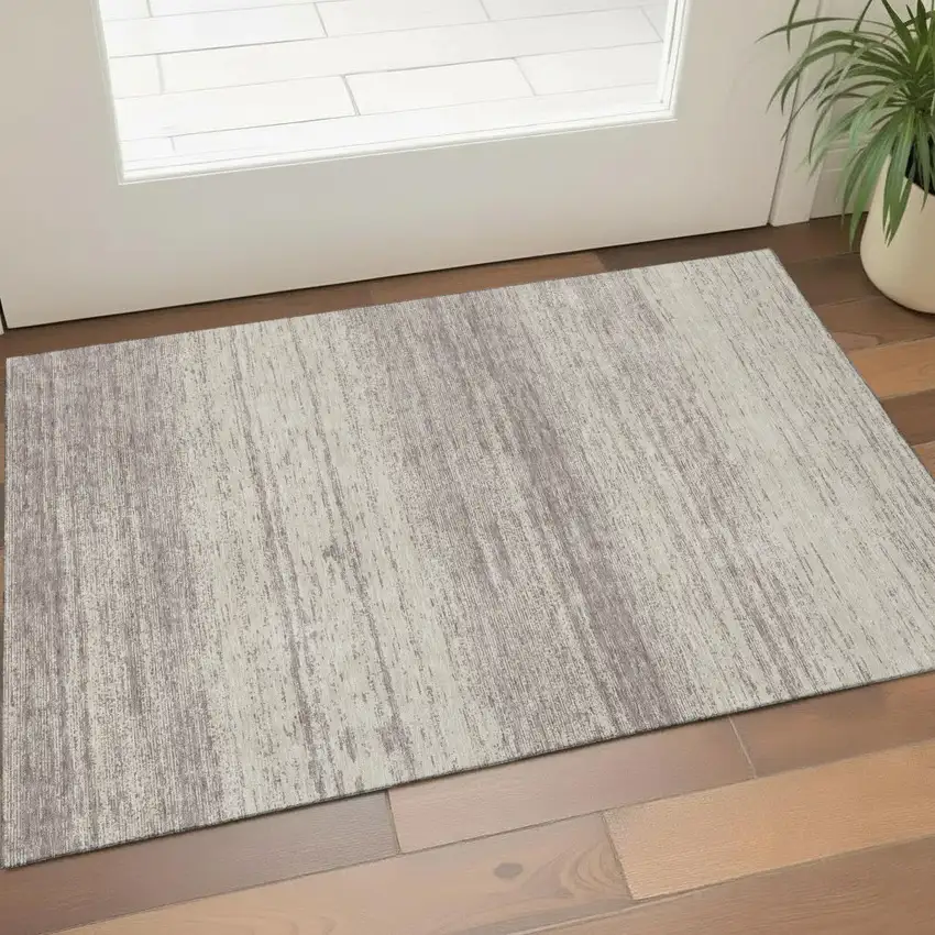 Taupe And Beige Striped Washable Area Rug With UV Protection Photo 1