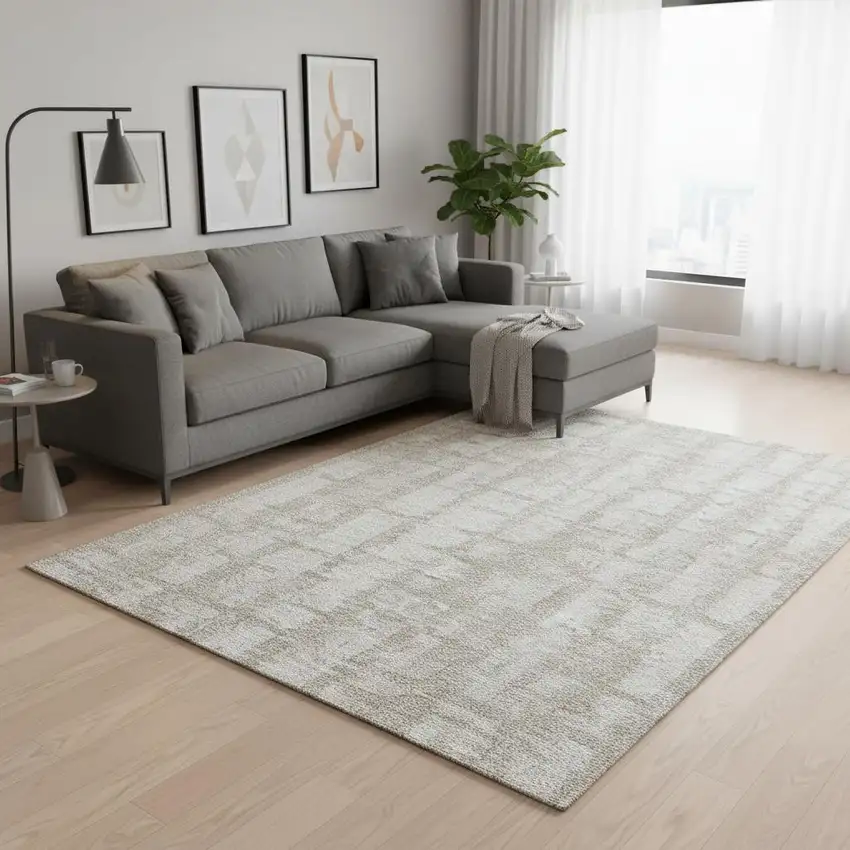 Taupe And Beige Striped Washable Area Rug With UV Protection Photo 2