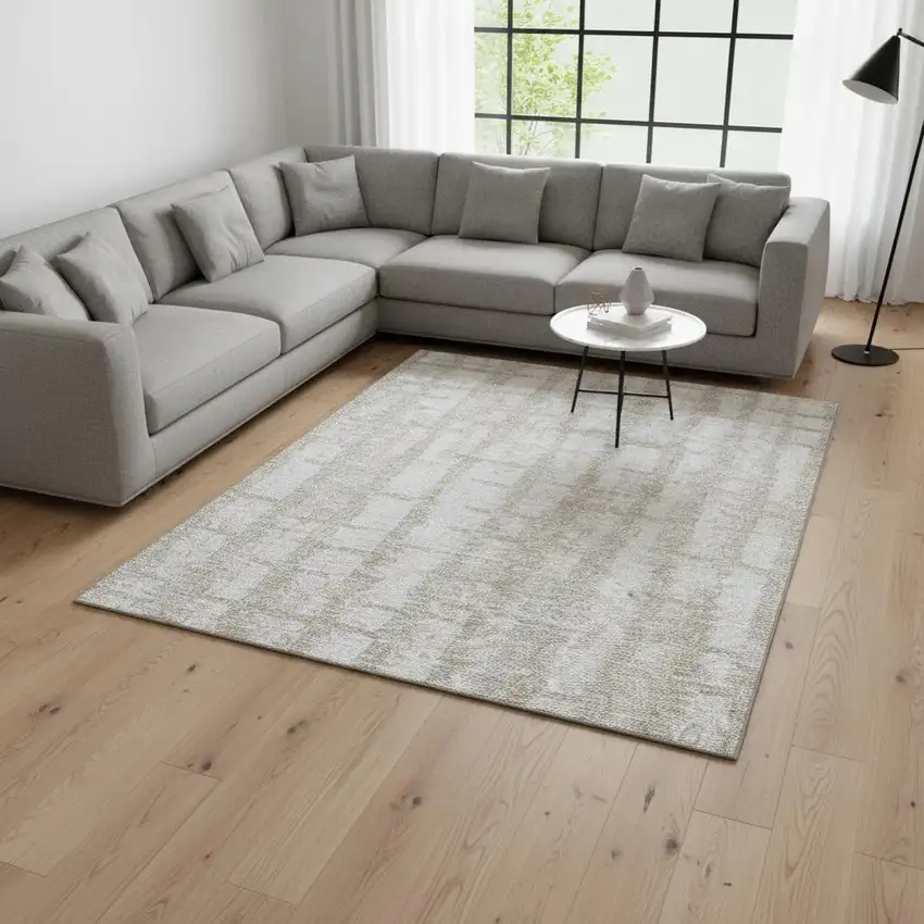 Taupe And Beige Striped Washable Area Rug With UV Protection Photo 2