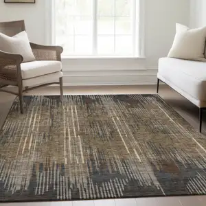 Photo of Taupe And Beige Striped Washable Area Rug With UV Protection