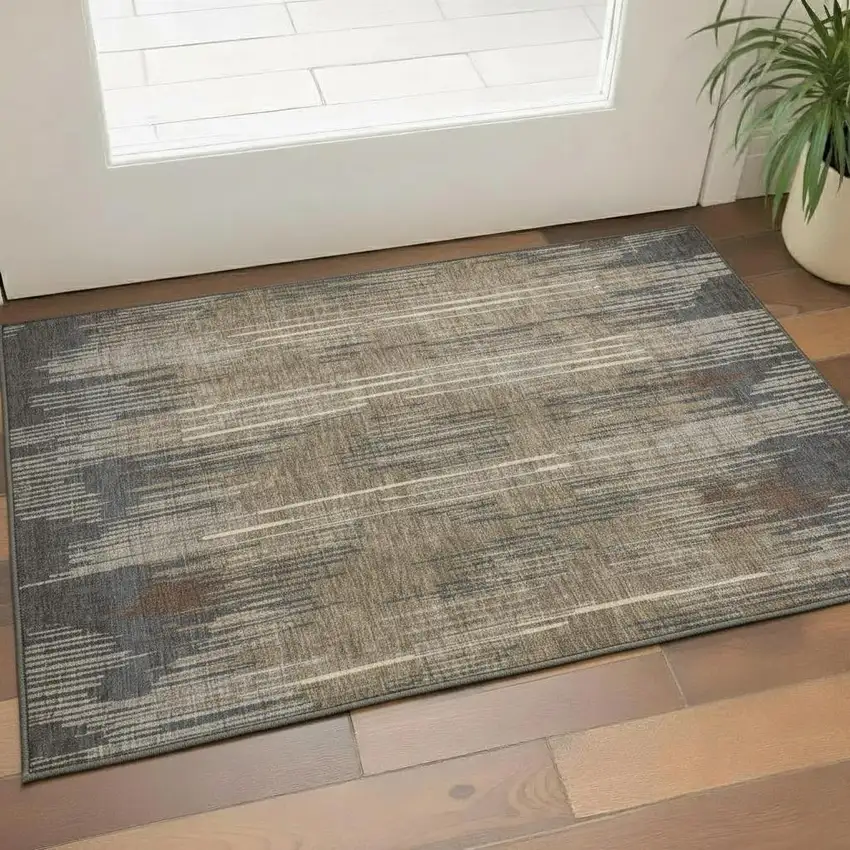 Taupe And Beige Striped Washable Area Rug With UV Protection Photo 1