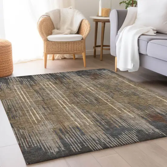Taupe And Beige Striped Washable Area Rug With UV Protection Photo 2