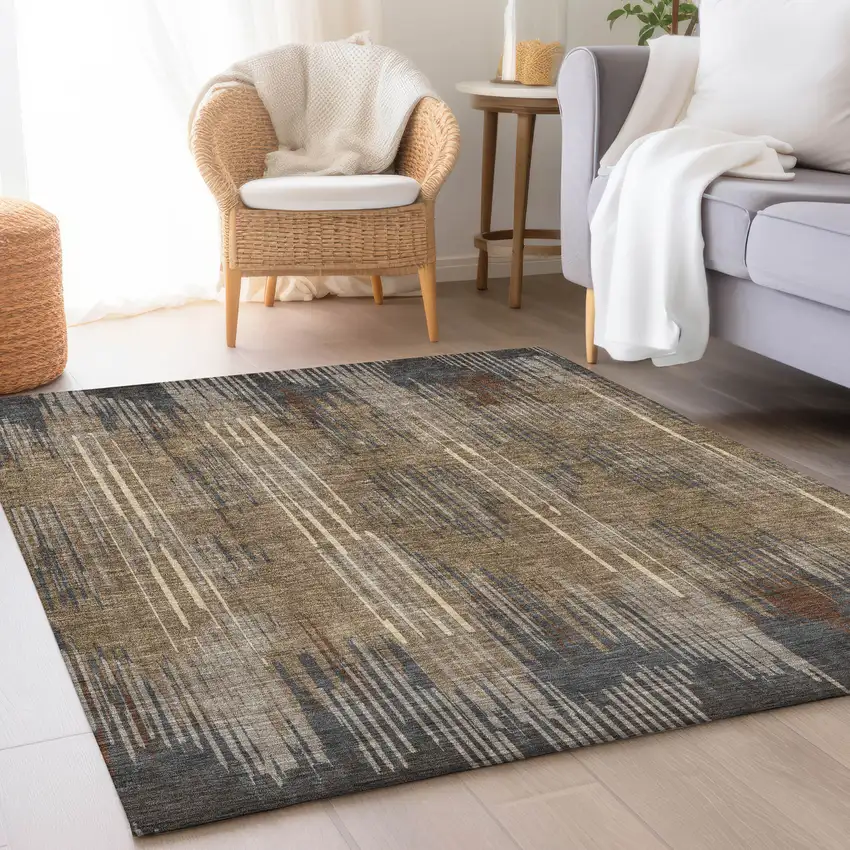 Taupe And Beige Striped Washable Area Rug With UV Protection Photo 2
