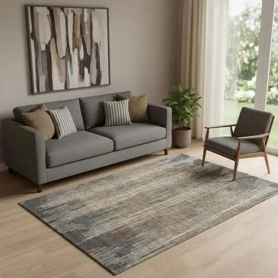 Taupe And Beige Striped Washable Area Rug With UV Protection Photo 1