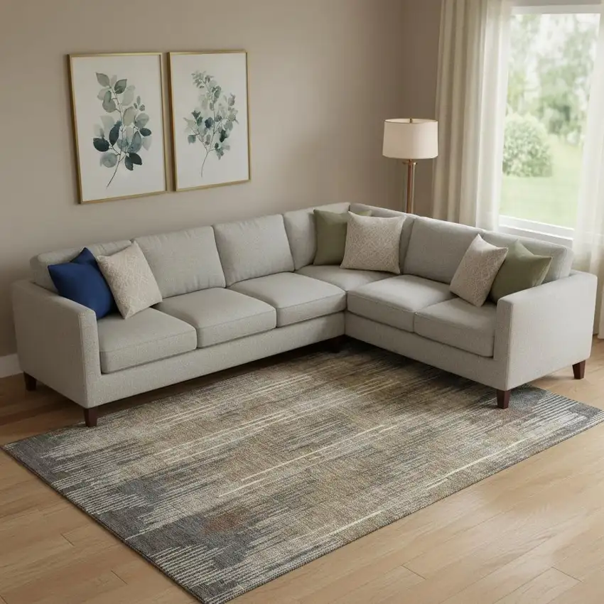 Taupe And Beige Striped Washable Area Rug With UV Protection Photo 1