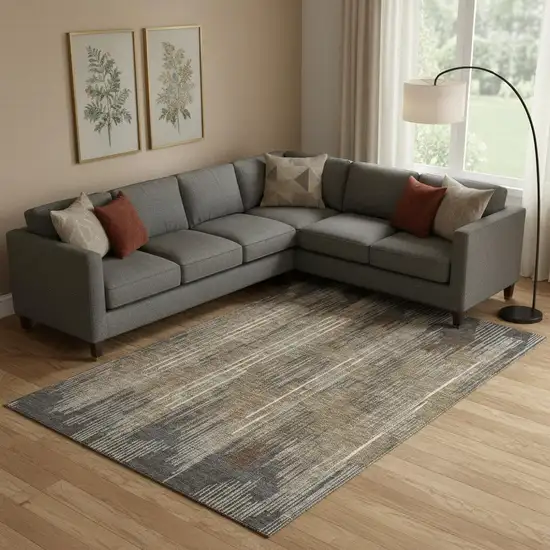 Taupe And Beige Striped Washable Area Rug With UV Protection Photo 1