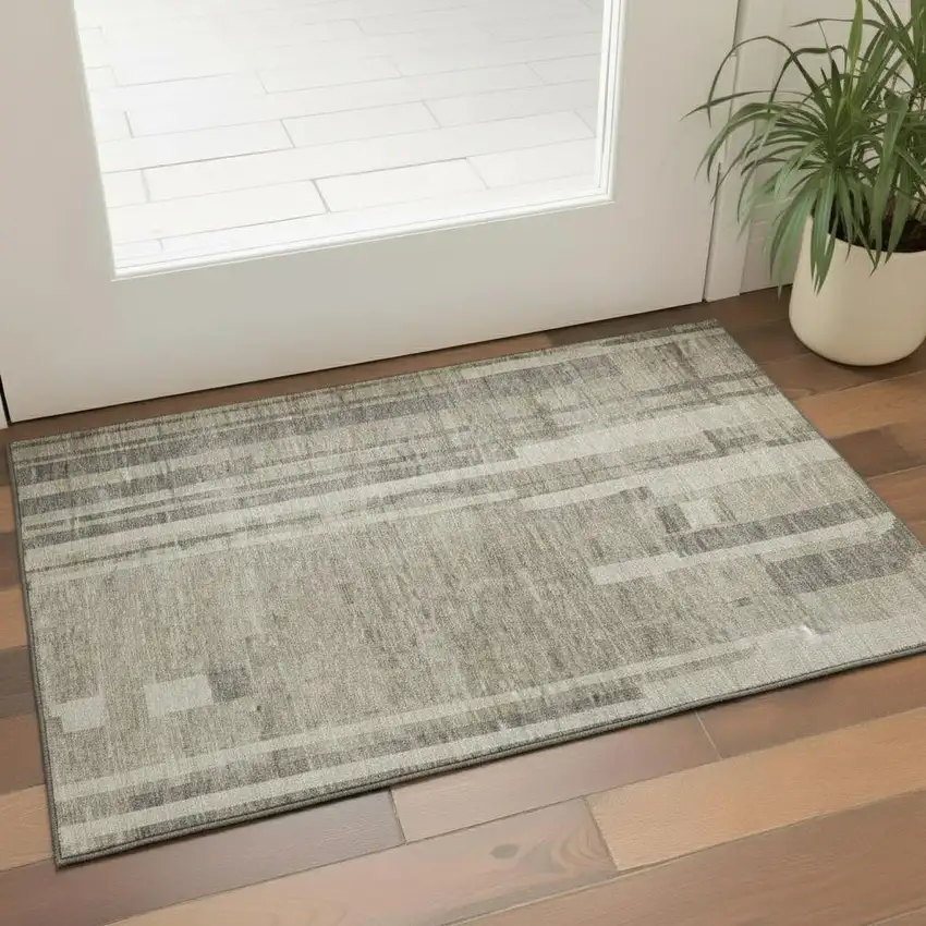 Taupe And Beige Striped Washable Area Rug With UV Protection Photo 2