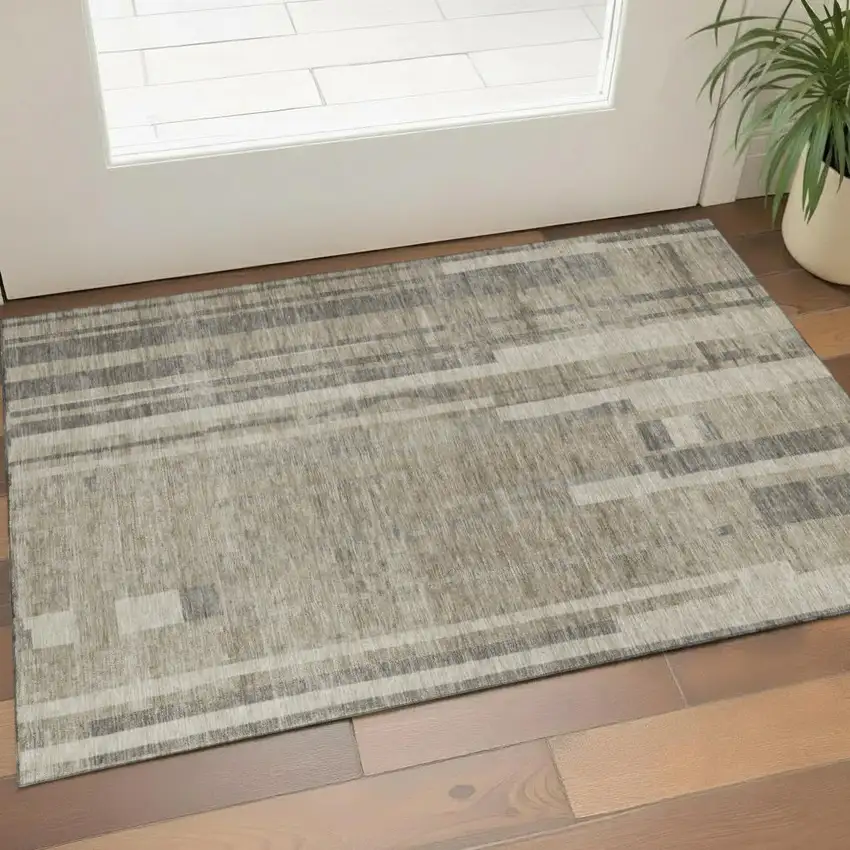 Taupe And Beige Striped Washable Area Rug With UV Protection Photo 1