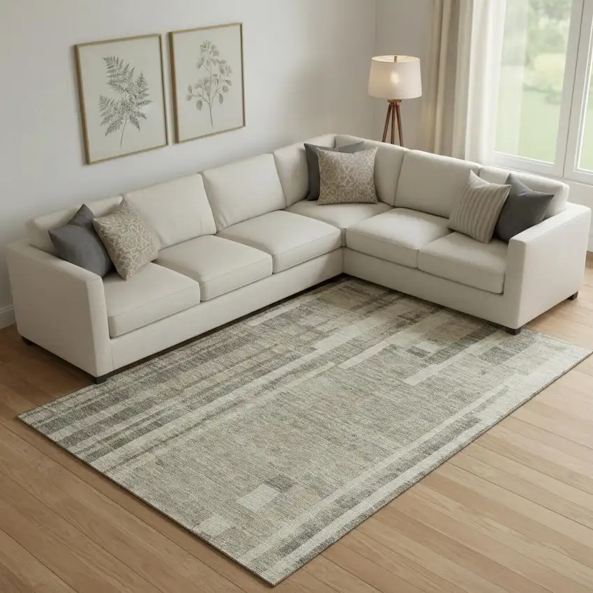 Taupe And Beige Striped Washable Area Rug With UV Protection Photo 2