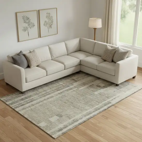 Taupe And Beige Striped Washable Area Rug With UV Protection Photo 2