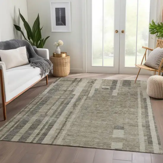 Taupe And Beige Striped Washable Area Rug With UV Protection Photo 5