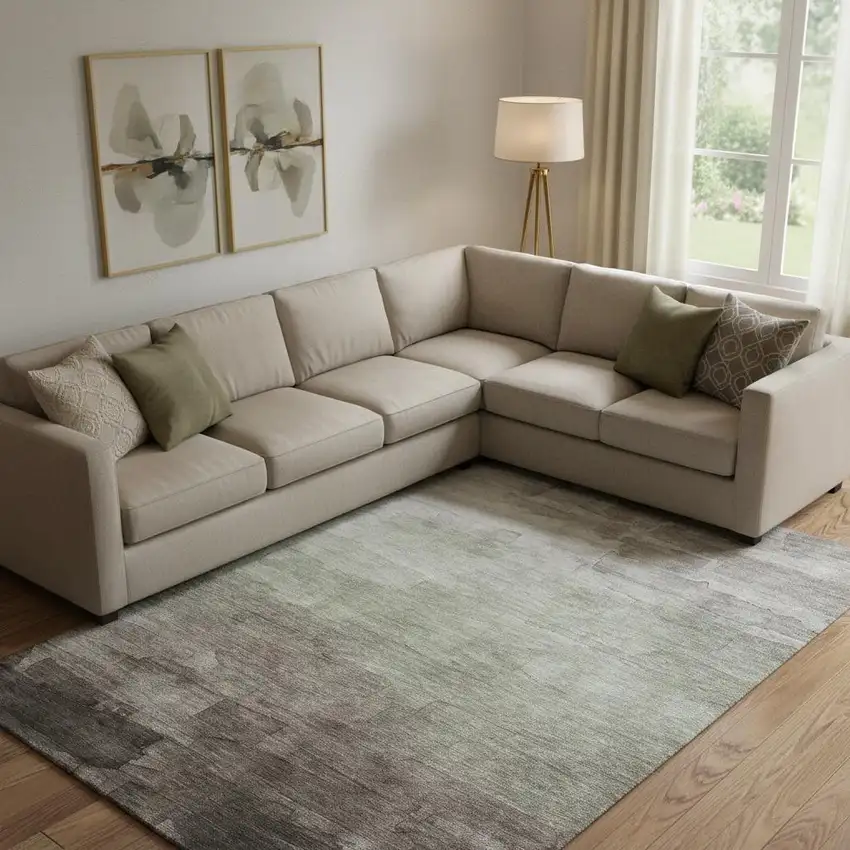 Taupe And Beige Striped Washable Area Rug With UV Protection Photo 2