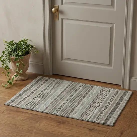 Taupe And Beige Striped Washable Area Rug With UV Protection Photo 1