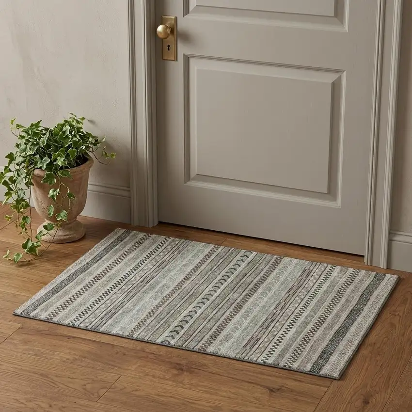 Taupe And Beige Striped Washable Area Rug With UV Protection Photo 1