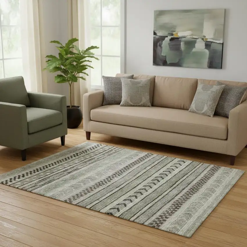 Taupe And Beige Striped Washable Area Rug With UV Protection Photo 2