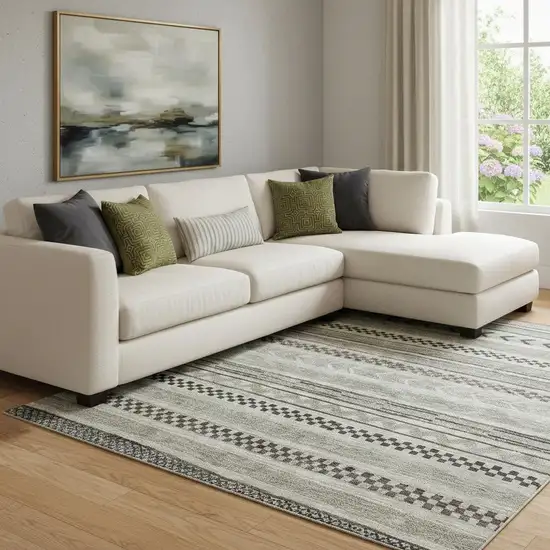 Taupe And Beige Striped Washable Area Rug With UV Protection Photo 2