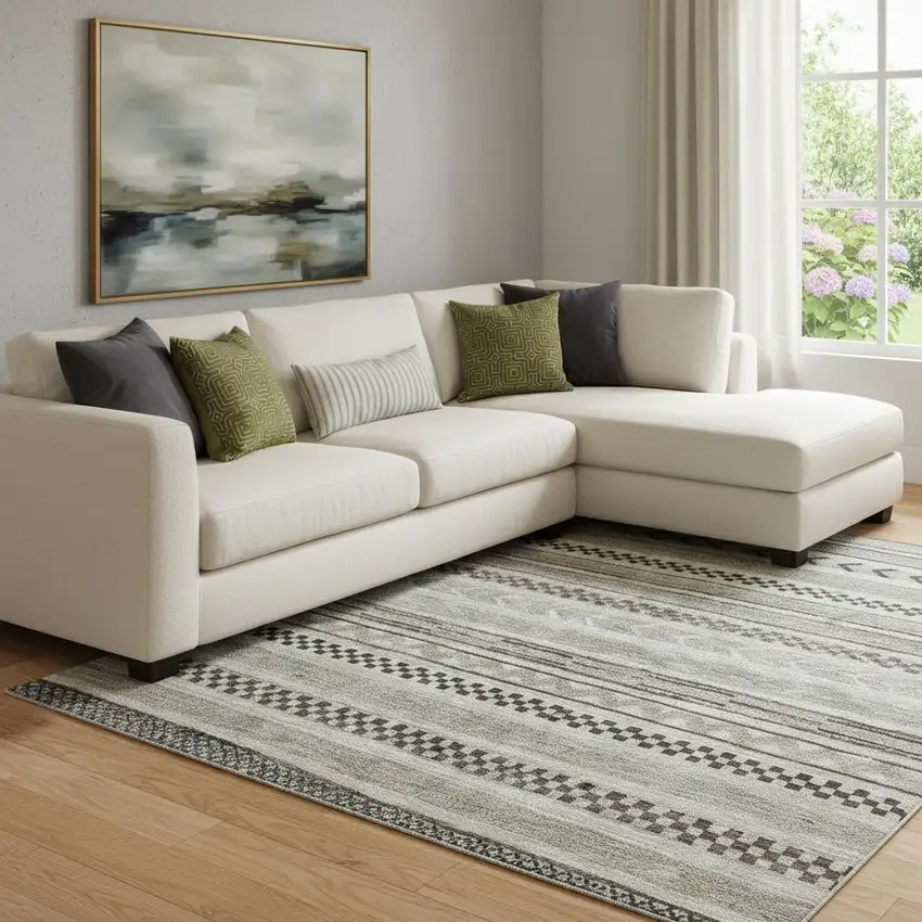 Taupe And Beige Striped Washable Area Rug With UV Protection Photo 2