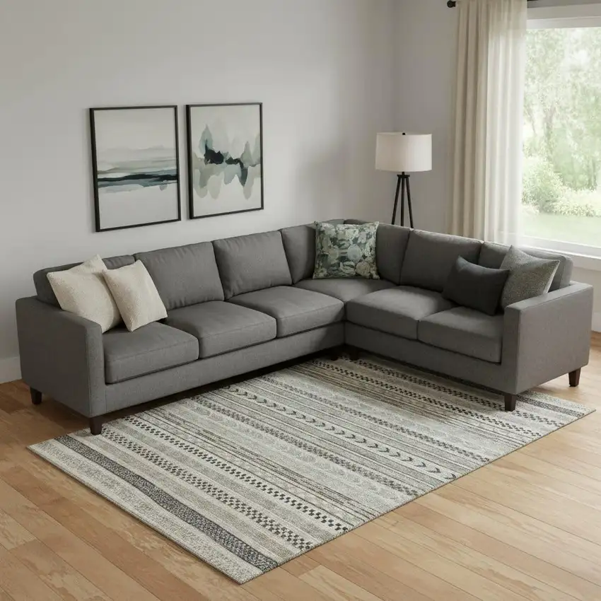 Taupe And Beige Striped Washable Area Rug With UV Protection Photo 2