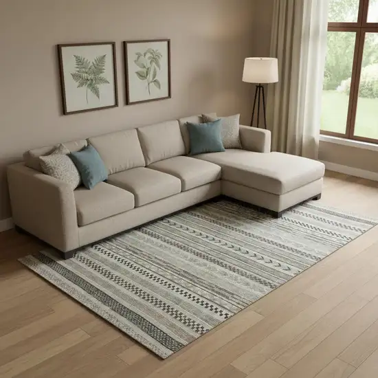 Taupe And Beige Striped Washable Area Rug With UV Protection Photo 2