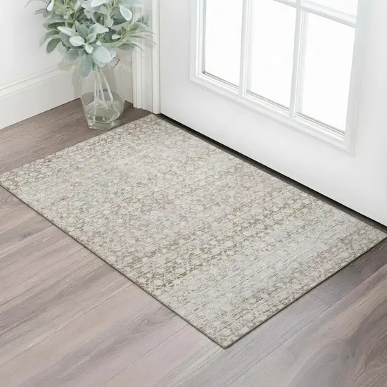 Taupe And Beige Striped Washable Area Rug With UV Protection Photo 2