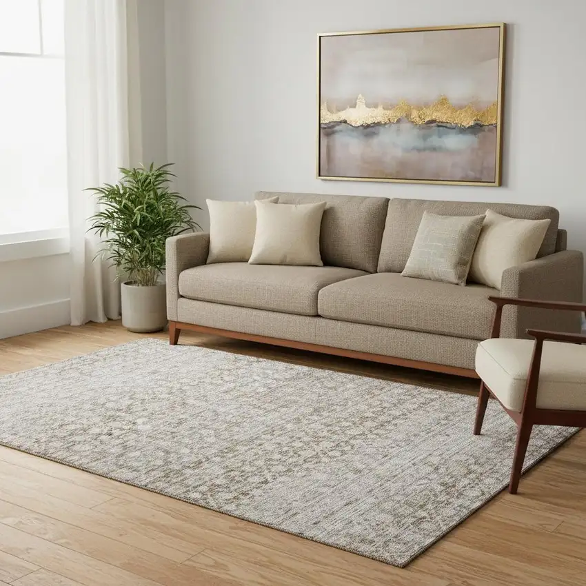 Taupe And Beige Striped Washable Area Rug With UV Protection Photo 2