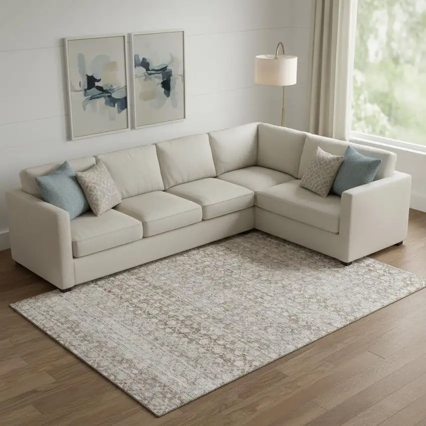 Taupe And Beige Striped Washable Area Rug With UV Protection Photo 2