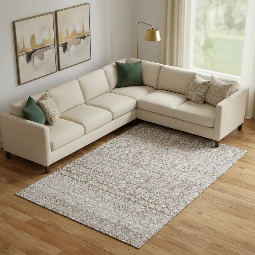 Taupe And Beige Striped Washable Area Rug With UV Protection Photo 2