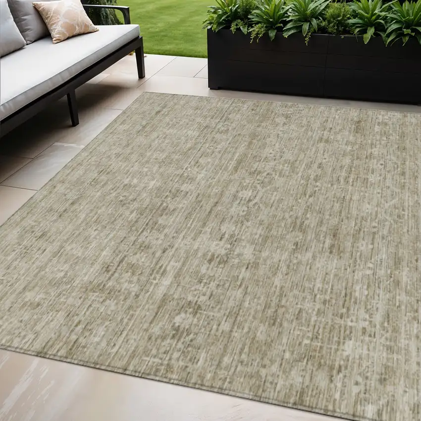 Taupe And Beige Striped Washable Indoor Outdoor Area Rug Photo 2