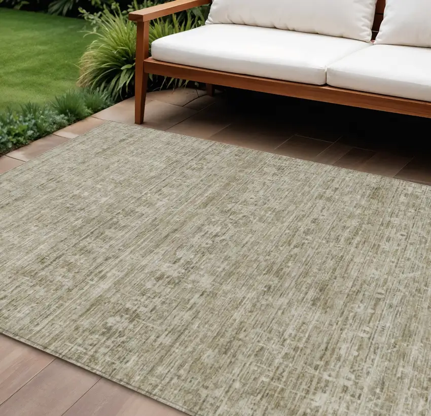 Taupe And Beige Striped Washable Indoor Outdoor Area Rug Photo 2