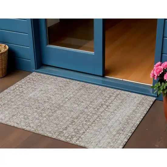 Taupe And Beige Striped Washable Indoor Outdoor Area Rug Photo 2