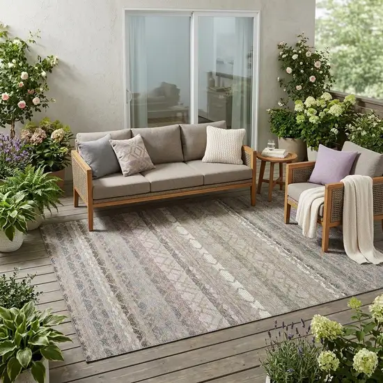 Taupe And Beige Striped Washable Indoor Outdoor Area Rug Photo 1