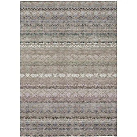 Taupe And Beige Striped Washable Indoor Outdoor Area Rug Photo 2
