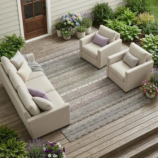 Taupe And Beige Striped Washable Indoor Outdoor Area Rug Photo 1
