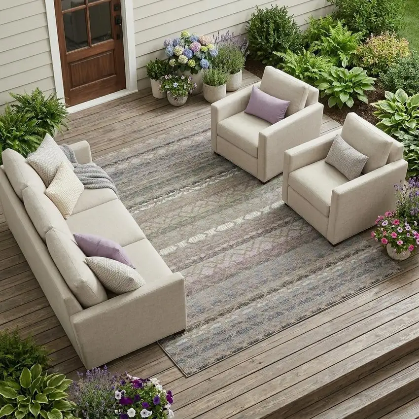 Taupe And Beige Striped Washable Indoor Outdoor Area Rug Photo 1