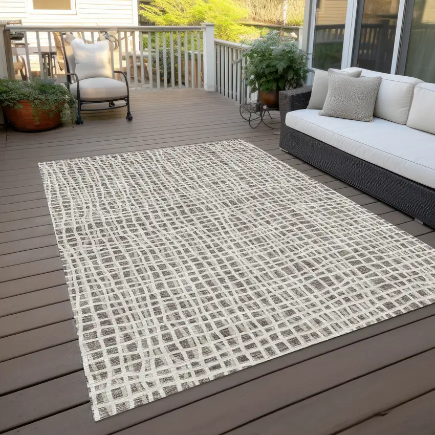 Taupe And Beige Striped Washable Indoor Outdoor Area Rug Photo 9