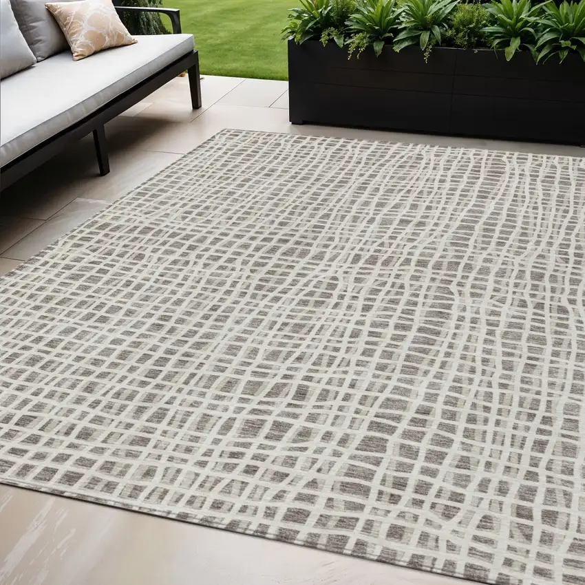 Taupe And Beige Striped Washable Indoor Outdoor Area Rug Photo 1