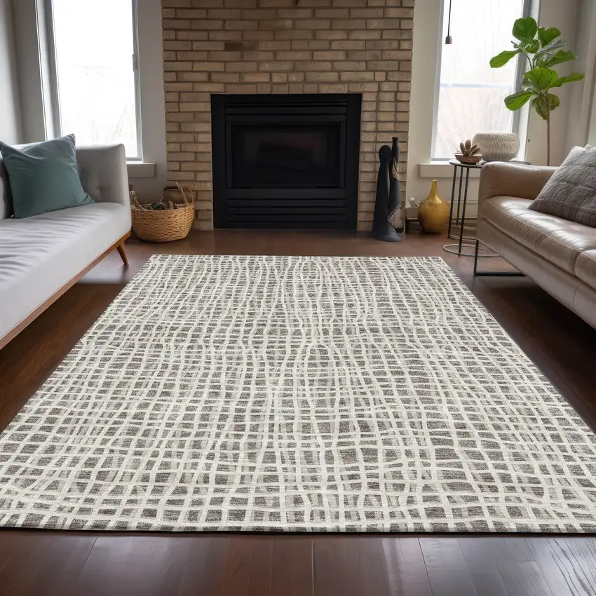Taupe And Beige Striped Washable Indoor Outdoor Area Rug Photo 8