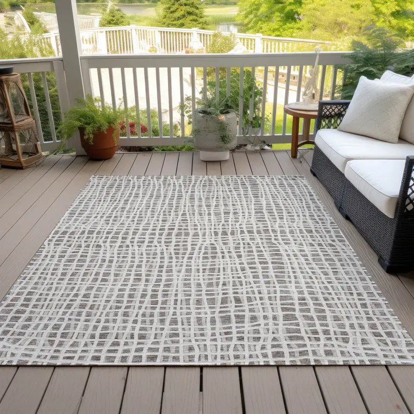 Taupe And Beige Striped Washable Indoor Outdoor Area Rug Photo 6