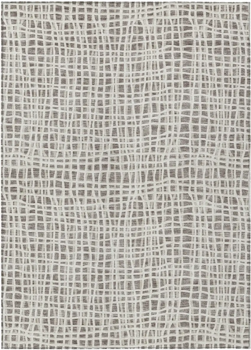 Taupe And Beige Striped Washable Indoor Outdoor Area Rug Photo 1